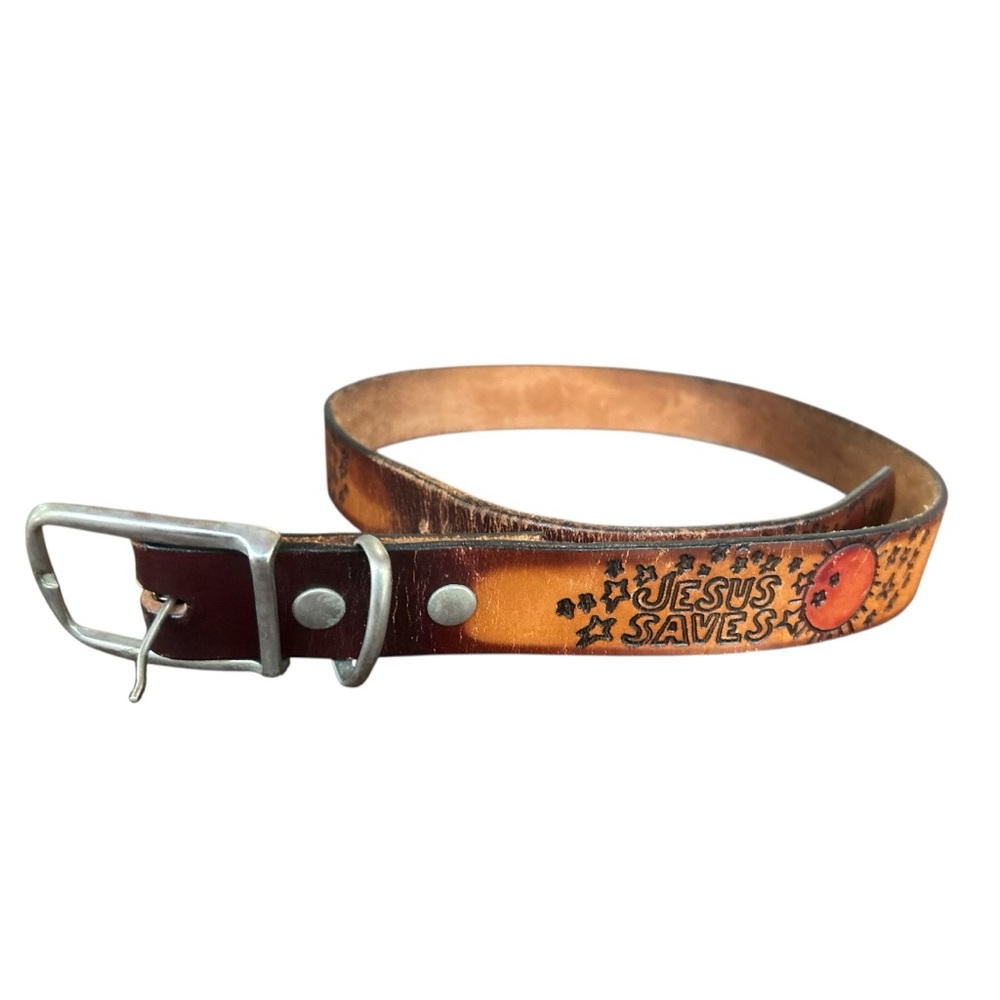 Handmade Vintage 70’s Brown Leather 'Jesus Saves' Belt Hand Embossed Snap Buckle
